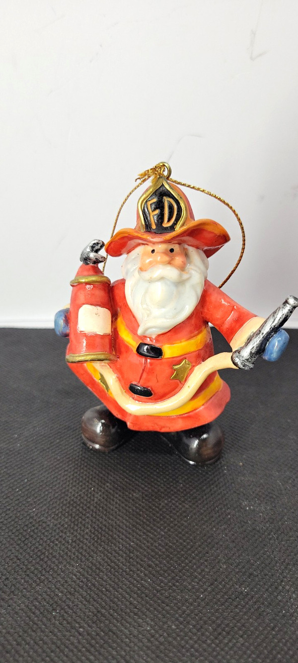Santa Claus Firefighter Hanging Christmas Ornament 4" Red White w/ Gold Cord